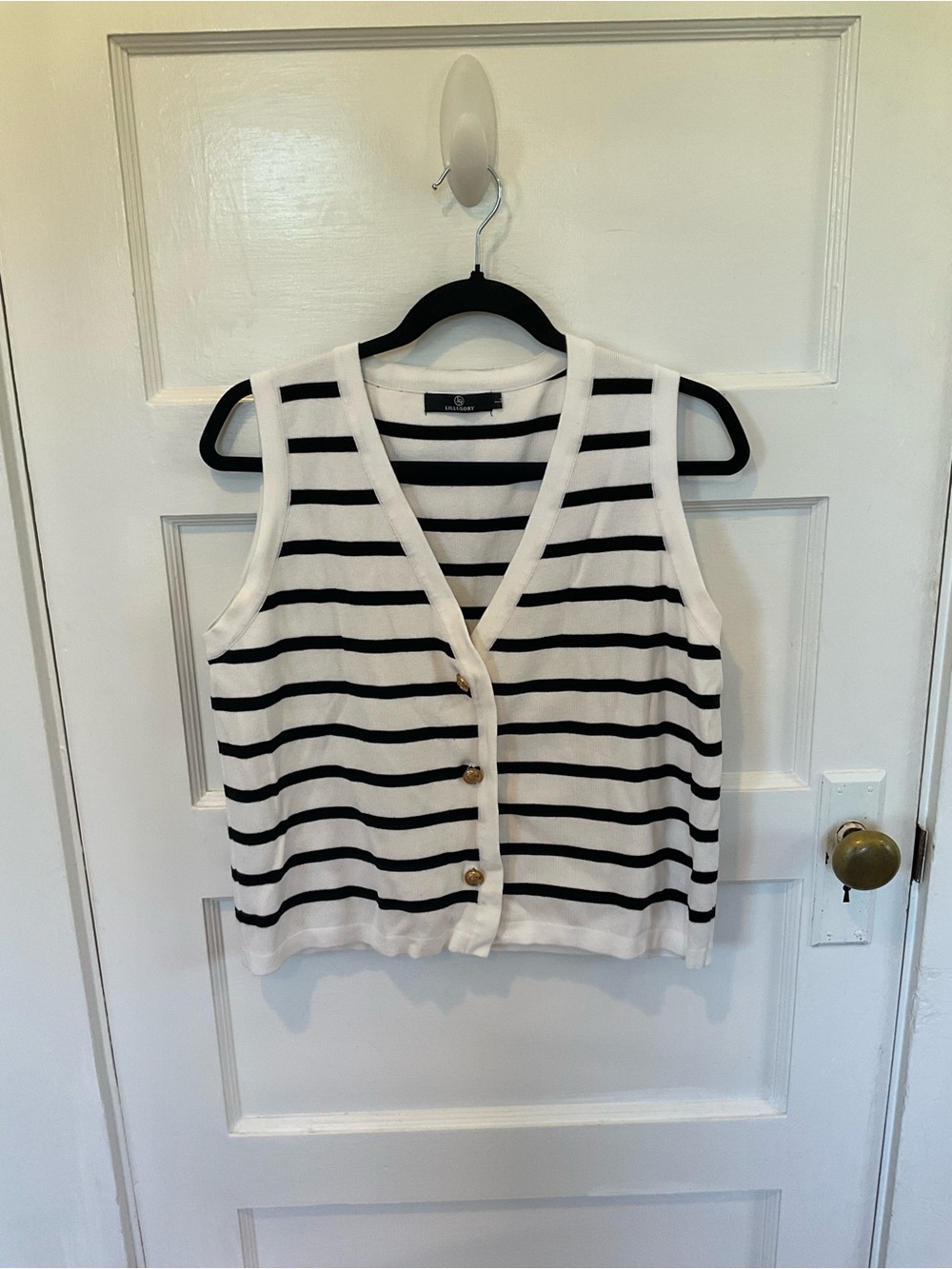 Striped Button-Front Sleeveless Knit Vest - White & Black
